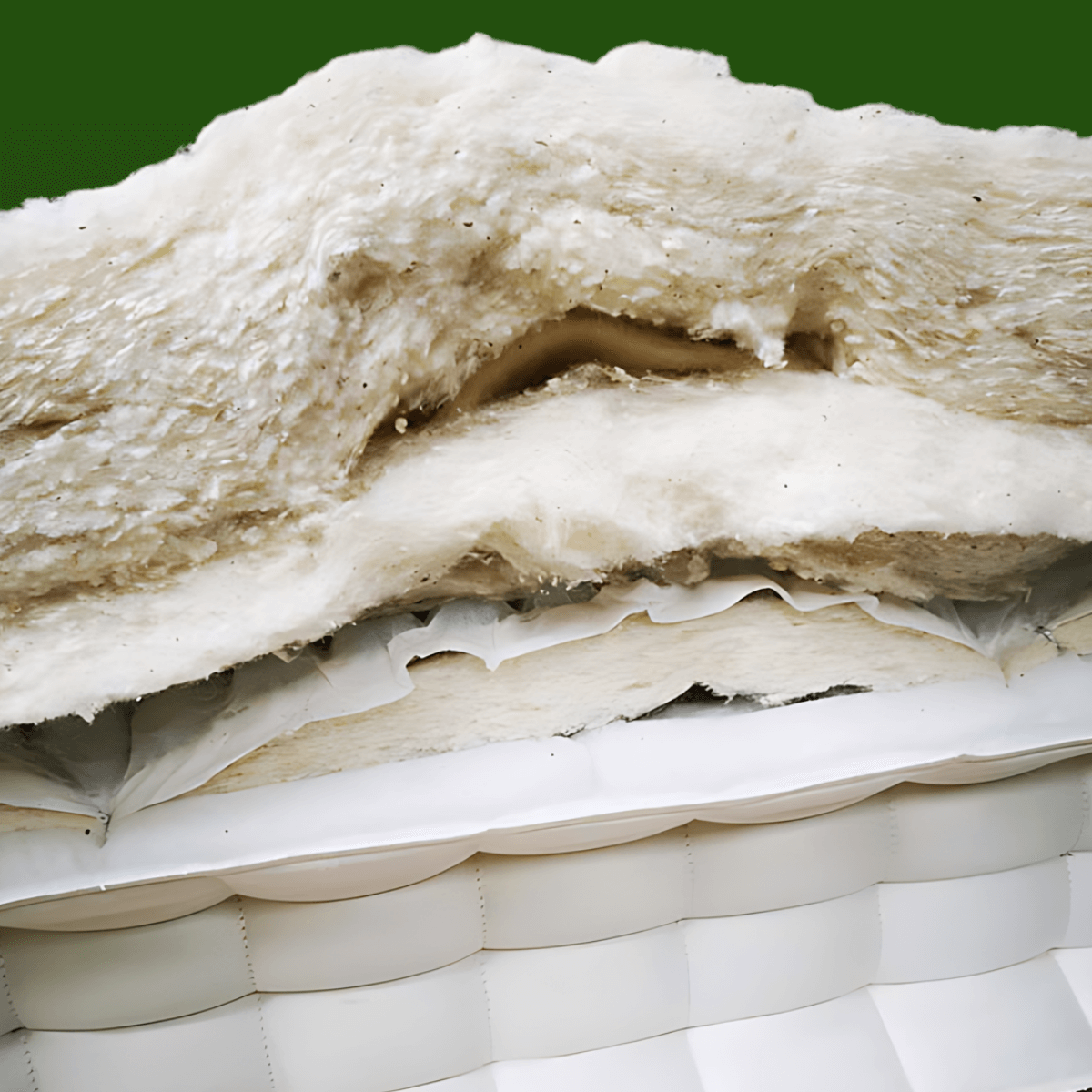 Close-up of natural fillers inside the English Royal Mattress with 12500 pocket springs, showcasing organic and traditional craftsmanship.