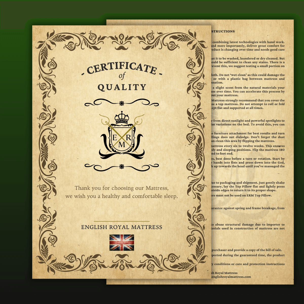 "English Royal Mattress Certificate of Quality with elegant design and British flag"